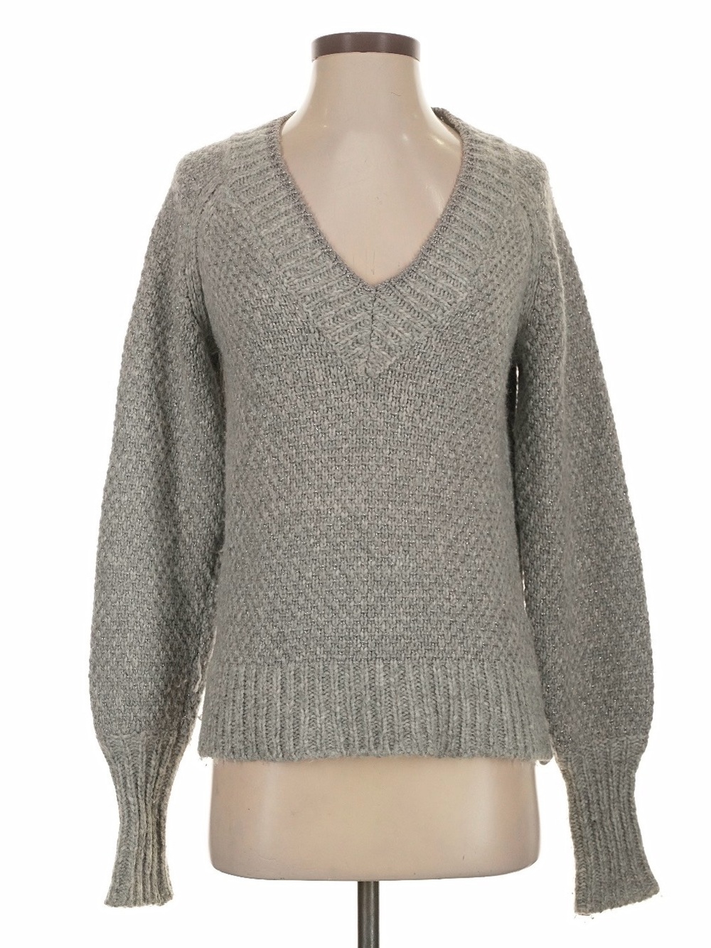 Veronica Beard Straza Gray V-Neck Chunky Knit Sweater